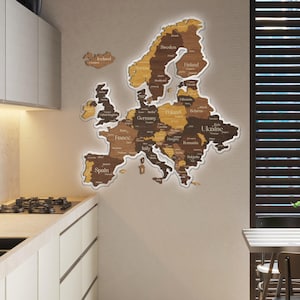 RGB LED-lichtmuurkaart, houten kaart muurkunst verlicht, 3D-kaart van Europa, houten punaise reiskaart