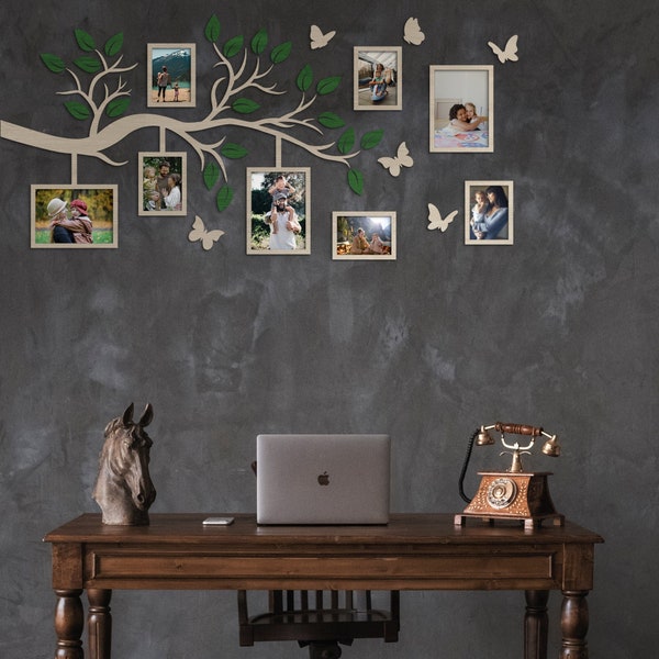 Cadres photo collage, branches d'arbre avec cadres photo, oeuvre d'art arbre généalogique, cadres en bois pour collage photo de famille, cadeau collage photo