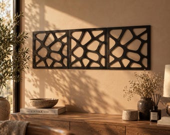 Carved Wood Geometric Wall Panels, Modern Boho Decor