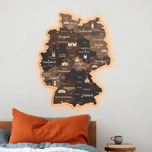 Mapa de arte de pared de madera de neón, mapa de madera 3D de Alemania, mapa Led Deutschland, Deutschlandkarte