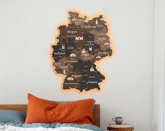 Neon Wooden Wall Art Map, 3D Wooden Map Of Germany, Led Deutschland Map, Deutschlandkarte