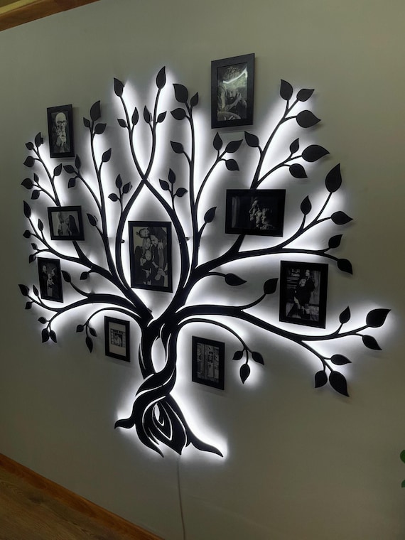 Led Photo Collage, Wooden Family Tree, Family Photos Frames, 1st Wedding Anniversary Gift, Led Wall Decor
