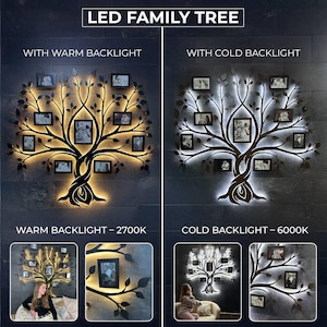 a family tree with pictures and lights on it