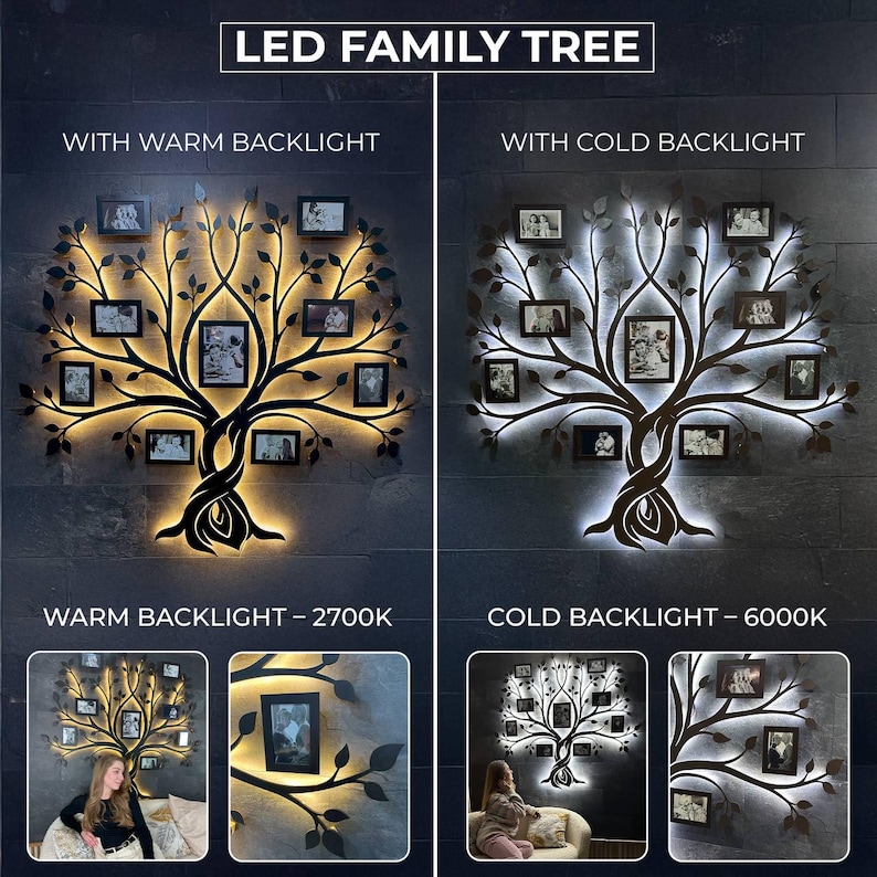 a family tree with pictures and lights on it