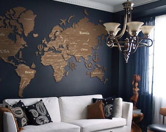 Grandi arazzi con mappa del mondo, mappa del mondo in legno con bordi, paesi incisi, mappa del mondo con puntine, regalo per il capo, decorazione da parete per sala riunioni