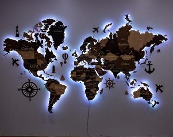 World map push pin, LED World Map, Wooden World Map Wall Decor, Wood Map, Wall Art Decor, Wooden World Map,World map with led lighting