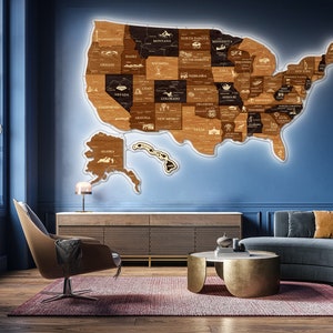Carte des États-Unis 3D avec lumières LED, carte des célèbres attractions touristiques locales à LED RVB télécommandée, carte des États-Unis avec punaises en bois, carte de voyage en famille