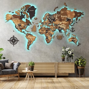 Mapa świata z oświetleniem LED, drewniana mapa z pinezkami, mapa z podświetleniem LED 3D, mapa podróży rodziny z drewna RGB LED 3D, prezent na rocznicę szefa