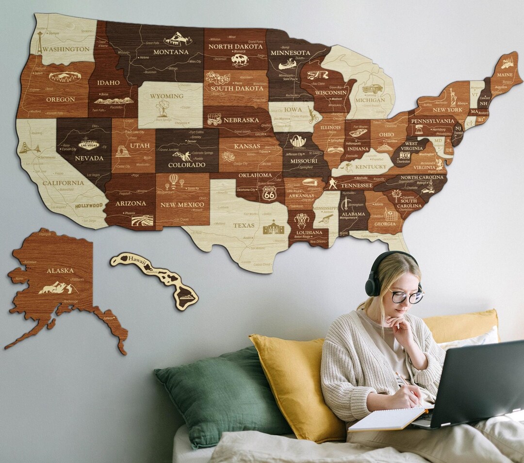 Large Push Pin Map of United States, Wooden 3D USA Map With Famous ...