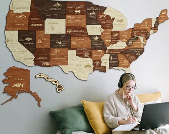Große Pinnwand der USA, 3D-USA Holzkarte mit berühmten Sehenswürdigkeiten, tolles Reisegeschenk