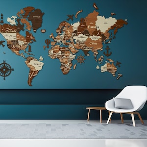 Collage grote houten muurkaart, houten 3D-wereldkaart, houten drukspeldkaart, houten decorkaart, kaart om reizen en favoriete steden te markeren