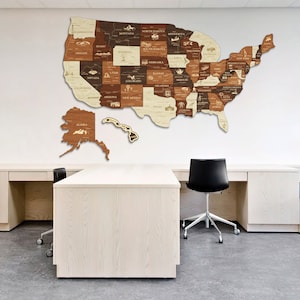 Carte des États-Unis avec punaises, carte des États-Unis 3D en bois avec monuments célèbres, art de la carte murale en bois, excellent cadeau de voyage, cadeau de remise des diplômes