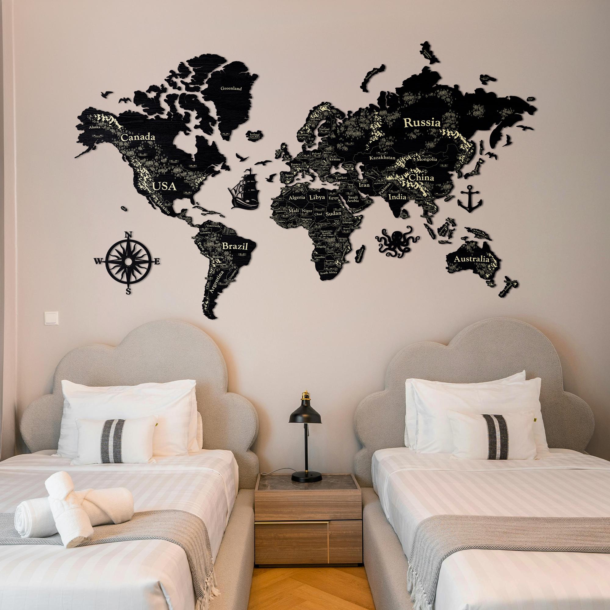 World Wall Map With Etched Names of Countries, World Travel Map