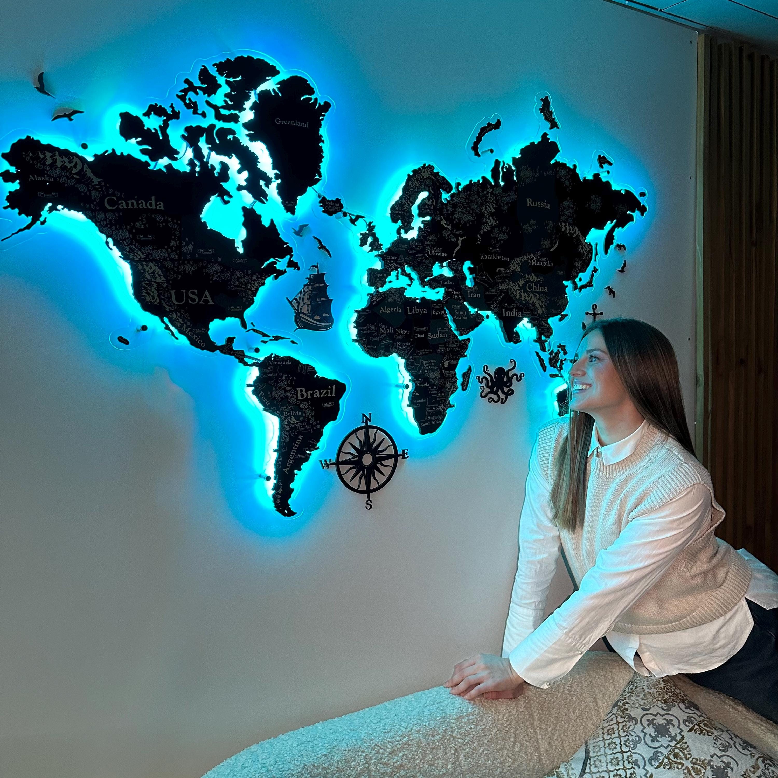 Led world map, World map with backlight, LED Wall Map, Large world map push pins, Large world map for wall, World map with pins for wall,
