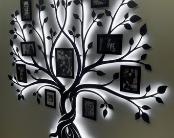 Led Photo Collage, Wooden Family Tree, Family Photos Frames, 1st Wedding Anniversary Gift, Led Wall Decor