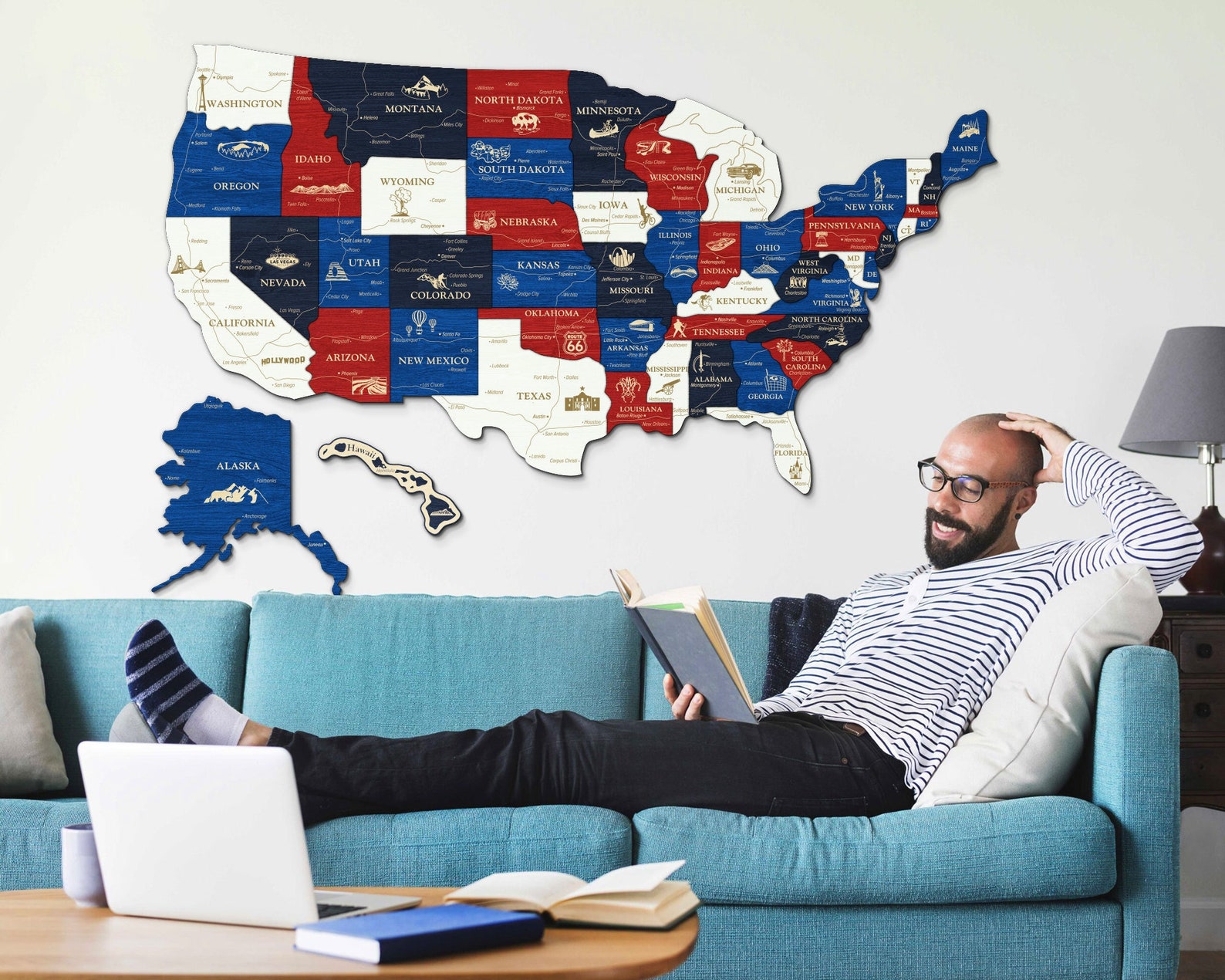 3D USA Flag Map Wooden Map With Famous Local Attractions - Etsy