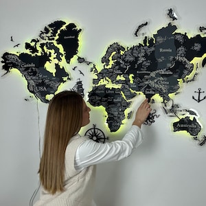 3D-kaart kunst aan de muur, kaart van de wereld, wereldkaart licht interieur, wereldkaart punaise, wereldkaart led-verlichting, houten punaise kaart