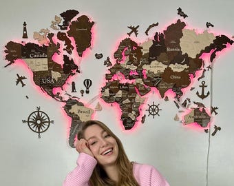 Mapa del mundo de madera LED con chinchetas, Mapa del mundo con LED, Lámpara de pared LED, Chincheta de mapa del mundo, Mapa del mundo LED, Decoración de pared con mapa del mundo de madera