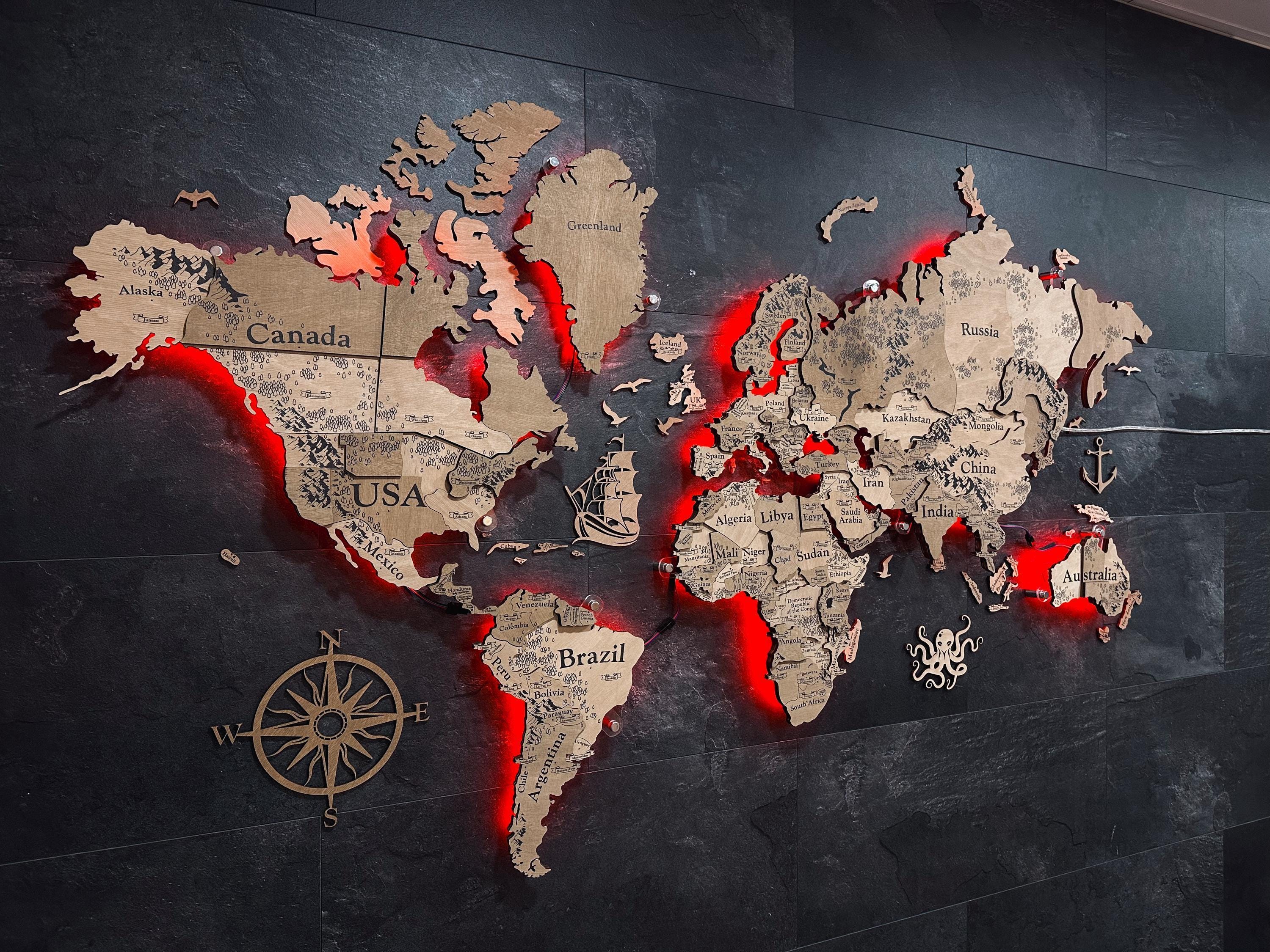 World Map With LED Lighting, Wooden Push Pin Map, 3D Led Backlight