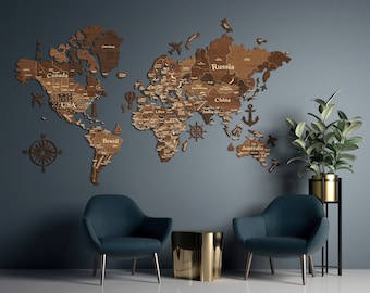 Wooden World Map Push Pin, 3d World Map, Personalized Travel Map, Above Bed Decor, World Map Wall Art, Pin Board Apartment Decor