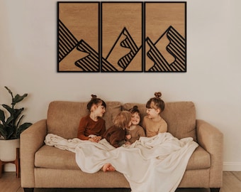 Mountain Wood Wall Art, Horizontal Landscape Decor, Above Bed Headboard Art, Geometric Nature Panel, Geometric mountain decor