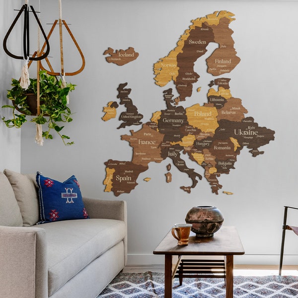 Mapa de madera 3D de Europa, mapa de viaje con pasador de empuje de madera, arte de pared de mapa XXL, mapa cortado con láser con capitales y fronteras de los países