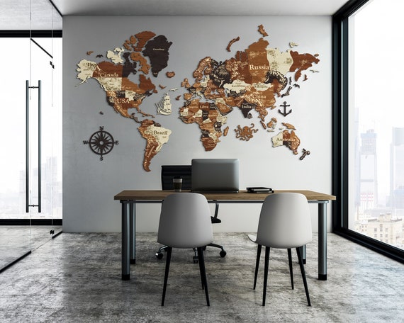 Carte du monde en bois art mural, carte du monde push pin, carte de voyage  Puzzle