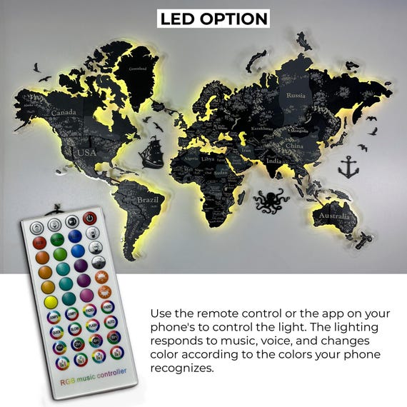 LED木製世界地図、LED照明付き世界地図、LED世界地図と国旗押しピン