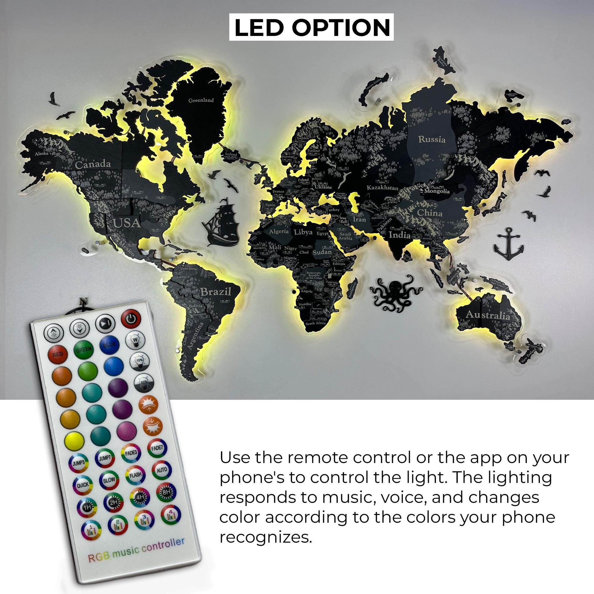 LED木製世界地図、LED照明付き世界地図、LED世界地図と国旗押しピン