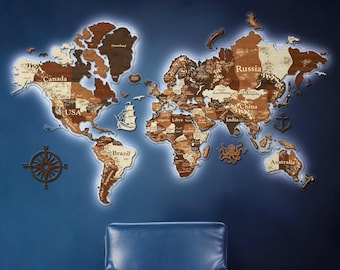 3D Led Backlight Map, Wooden Push Pin Map, RGB LED 3D Wood Family Travel Map, Wall Light Map, Boss Anniversary Gift