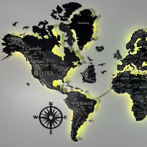 Mapa świata 3D z diodami LED, Mapa świata, Drewniana mapa ścienna z diodami LED, Duża mapa świata na ścianę, Mapa świata 3D ze światłami, Pinezki na mapę świata