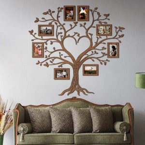 Large wooden family tree wall decor, Photo frames collage plywood, Wall photo frames collection, Family photo frames wall