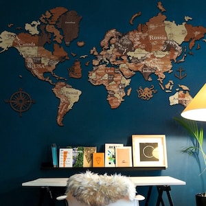 Extra grote wereldkaart, houten 3D-wereldkaart, houten punaisekaart, extra grote muurkunst, houten wereldkaart met steden, houten kaart van de wereld