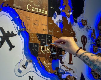 Arte de pared con luz LED, mapa del mundo con iluminación LED, decoración de apartamentos, arte de mapa de pared con luz LED en 3D, mapa del mundo iluminado