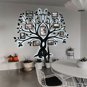 Farmhouse Wall Art Decor, Large Family Photo Collage With Led Backlit, Wooden Photos Frames, Wood Family Tree, Wedding Gift