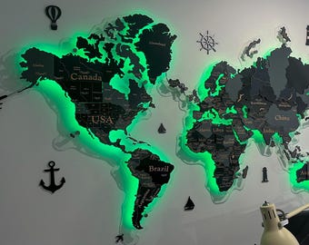 Iluminación de pared con mapa del mundo 3D, mapa del mundo con LED, mapa del mundo con luces, mapa del mundo 3D de madera, arte de pared con mapa del mundo 3D, mapa del mundo 3D con LED