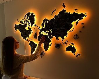 World Map Wall Art, LED 3d World Map, Personalized Travel Map, Wooden World Map Push Pin, Above Bed Decor, Pin Board Apartment Decor