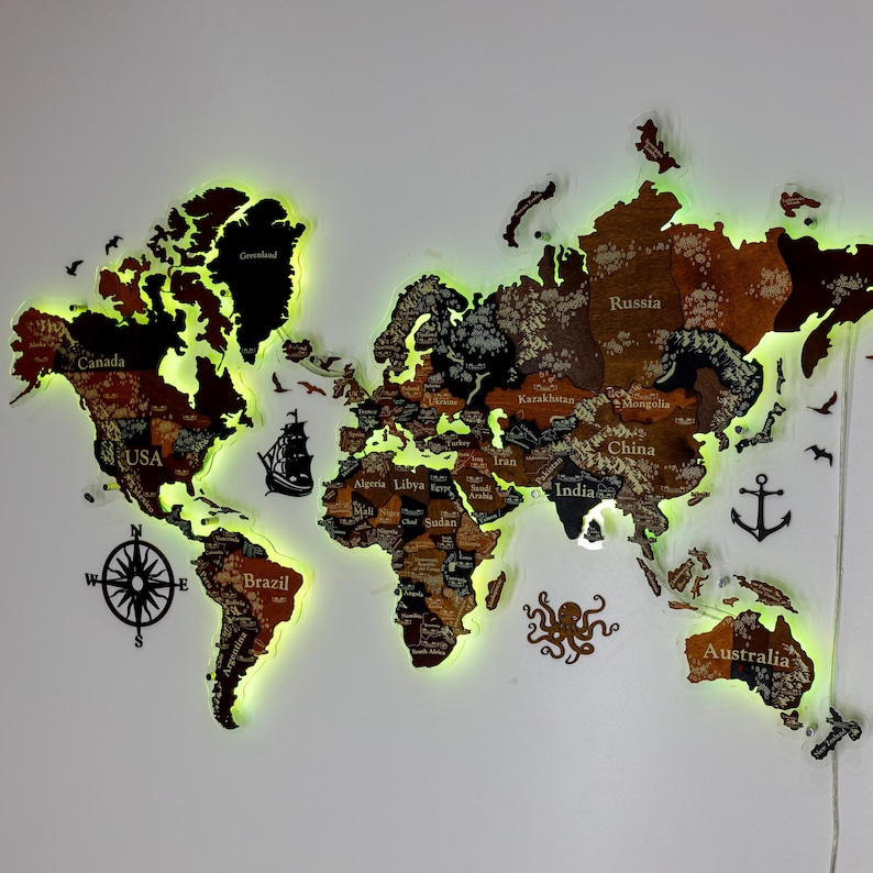 3D World Map With Led, Map of the World, Led Wood Map Wall, Large World ...