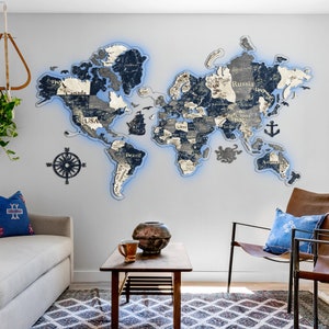 3D LED Wooden Map Of The World, Map With Backlight, Wooden World Map, Led 3D Wall Map Art, Boss Anniversary Gift, Wall Map