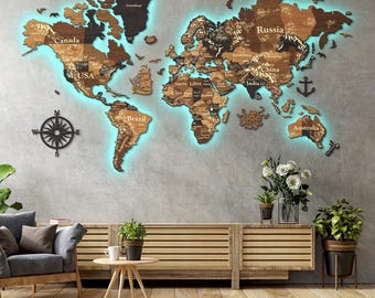 World Map With LED Lighting, Wooden Push Pin Map, 3D Led Backlight Map, RGB LED 3D Wood Family Travel Map, Boss Anniversary Gift