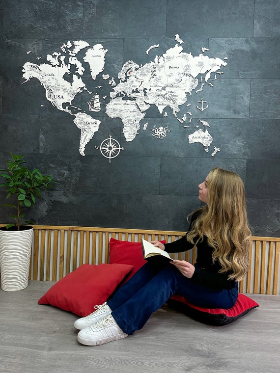 World Wall Map With Etched Names of Countries, World Travel Map