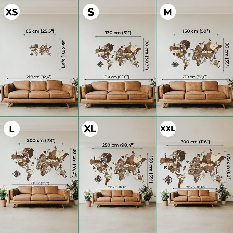 May include: Wooden world map wall art in various sizes, from XS (25.5" wide) to XXL (118" wide). The map is made of brown wood and includes compass and anchor details. Each size is displayed above a brown leather sofa.