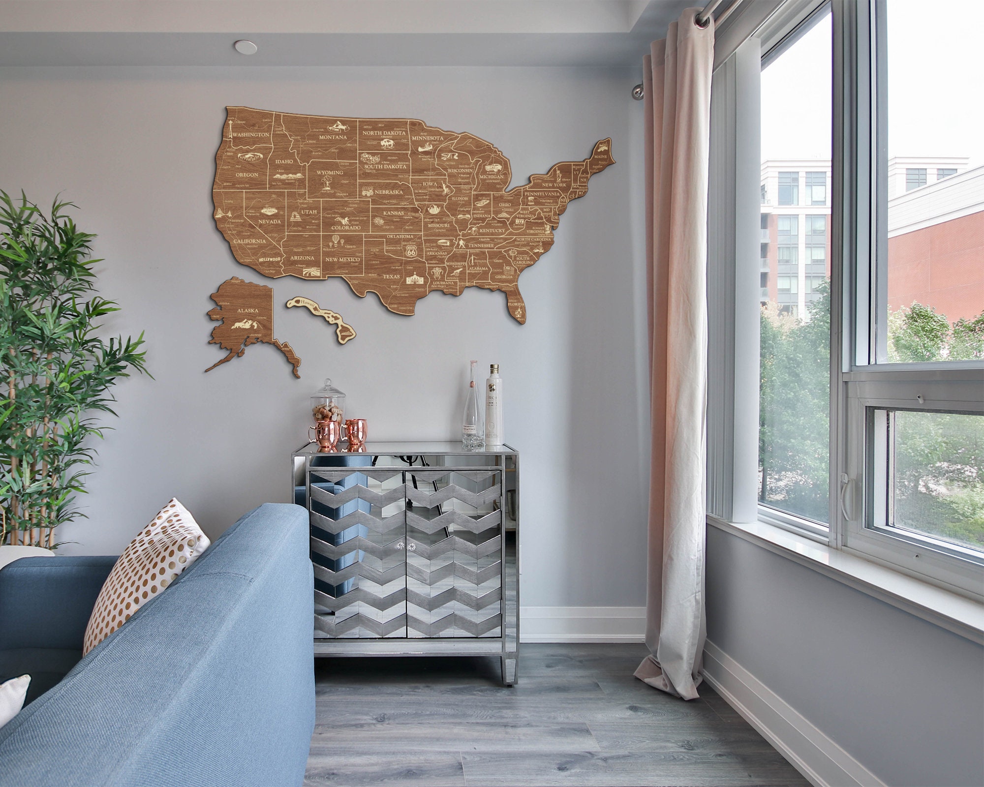 Wooden Wall Map of the United States USA States Main Etsy