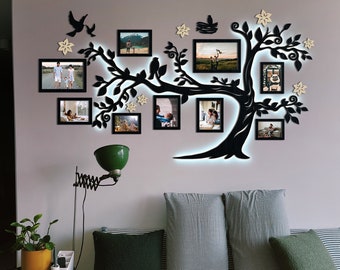 Led Wall Decoration, Large Family Photo Collage, Led Family Tree With Photo Frames, Bedroom Wall Art, Wood Tree Of Life