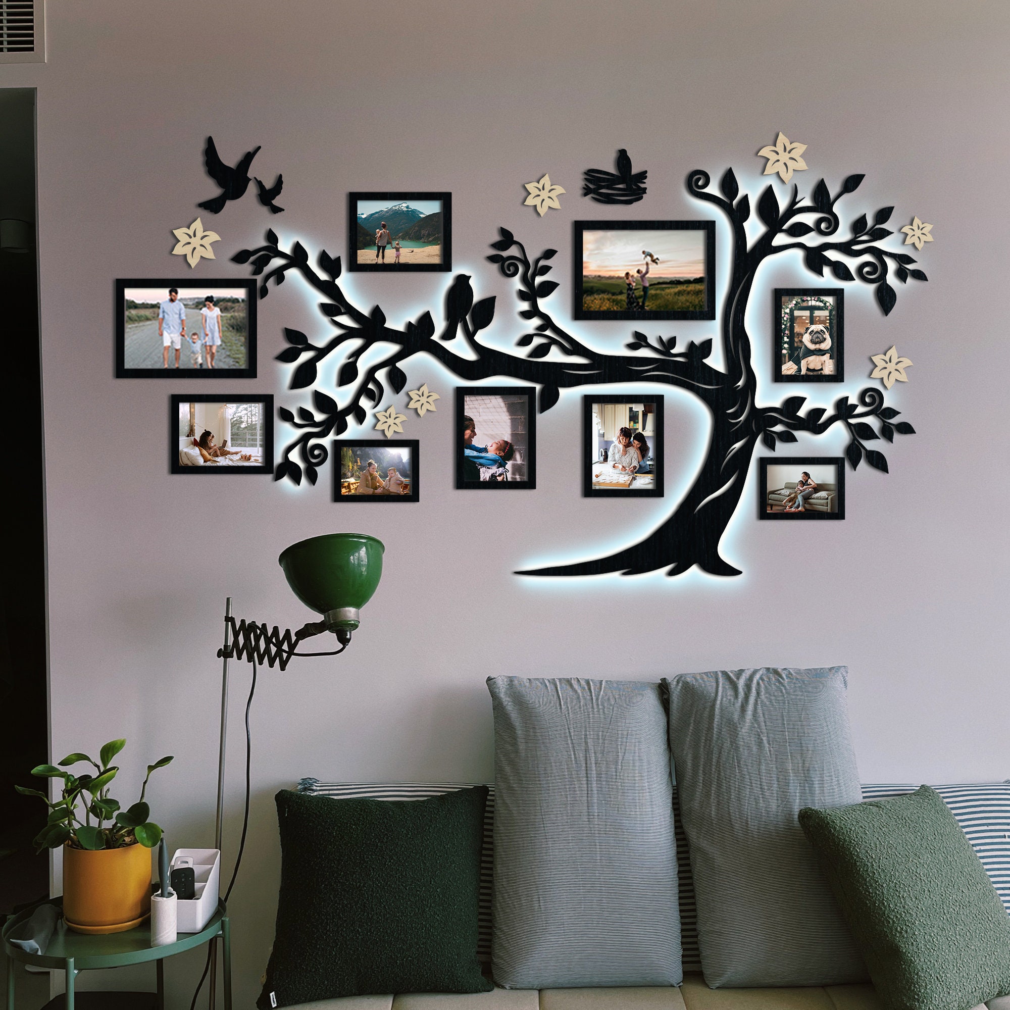 Led Wall Decoration, Large Family of Bedroom Wood Led Family Art, Etsy Norway Wall Tree - Tree With Collage, Life Frames, Photo Photo