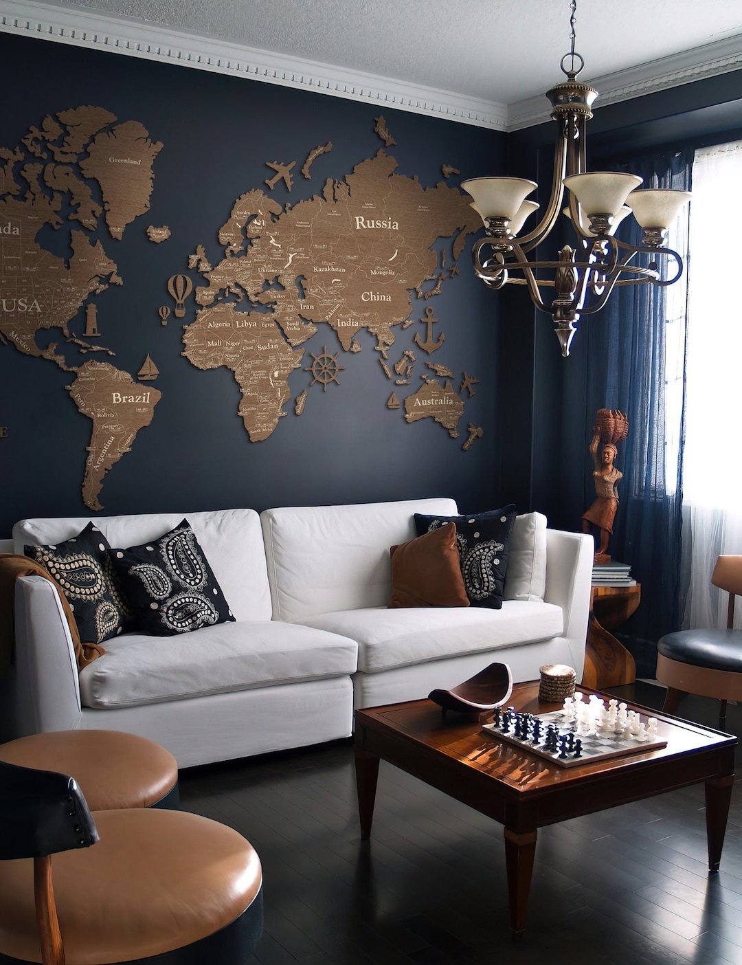 Large World Map Wall Hangings, Wood World Map With Borders, Countries 