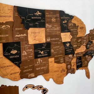 3D-Karte der Vereinigten Staaten von Amerika mit den Bundesstaaten, Namen, Hauptstädten, Hölzerne Wandkarte, Hölzerne Anstecknadel US-Karte