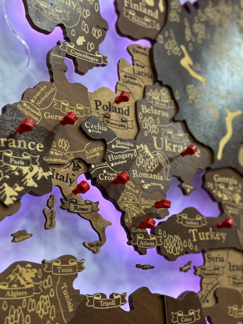 Large Led Neon Wall Map Large Wall Map 3D Wooden Push Pin - Etsy