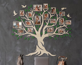 Árbol genealógico de madera con marcos de fotos, árbol de piedras natales, arte mural familiar, regalo de aniversario de bodas, árbol de la vida de madera para el quinto aniversario.