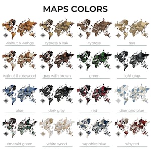 May include: A collection of wooden world map wall art in various colors, including walnut, cypress, blue, and red. Each map features a compass rose design and country names. The text "MAPS COLORS" is at the top.